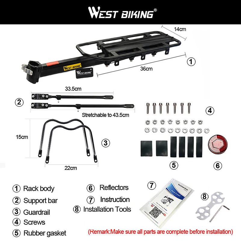 WEST BIKING Bike Rack Aluminum Alloy 50KG Luggage Rear Carrier Trunk for Bicycles MTB Bicycle Rear Shelf Cycling Bicycle Racks