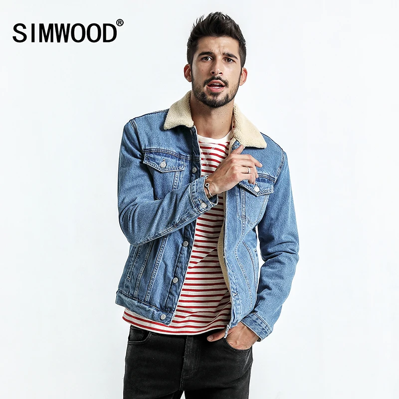 SIMWOOD 2018 Winter Faux Fur Denim Jacket Men Slim Fit Coats Fashion
