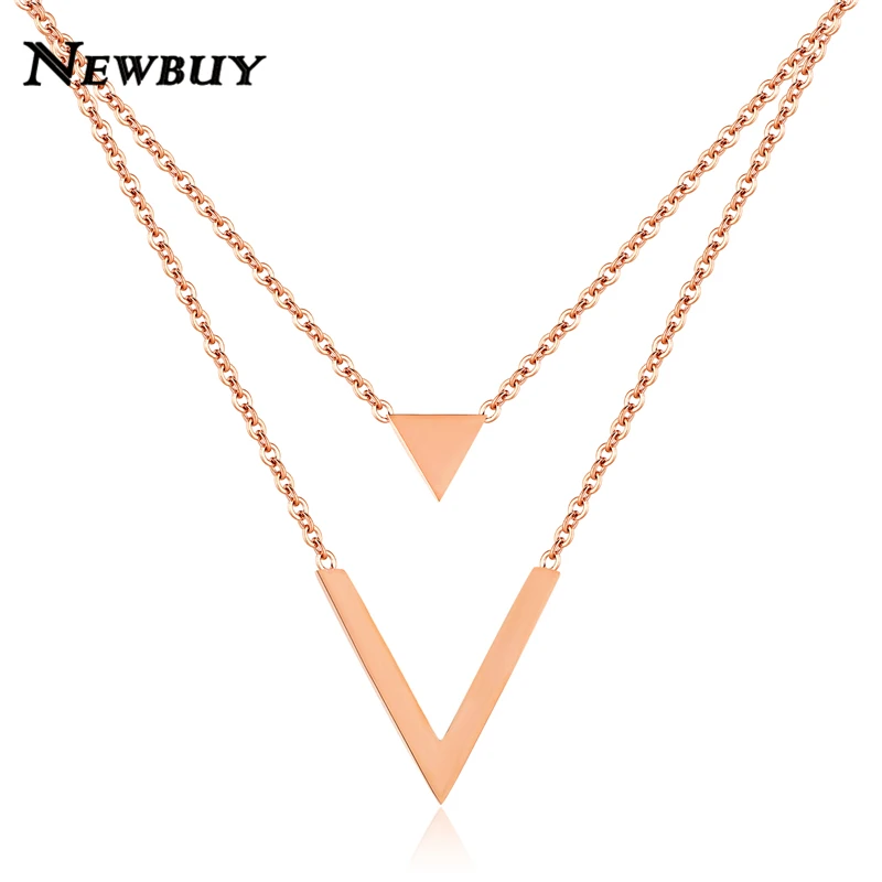 

NEWBUY Fashion Rose Gold Color Stainless Steel Double Layer Choker Necklace For Women Triangle & V Shape Link Chain Necklace