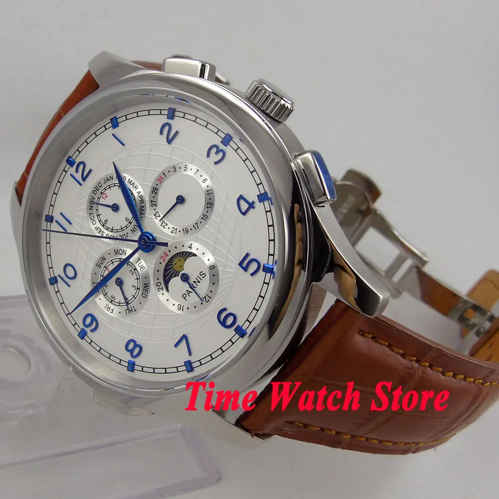 

44mm parnis Multifunction Automatic men's watch Moon Phase display White dial Blue hands deployant clasp waterproof P124