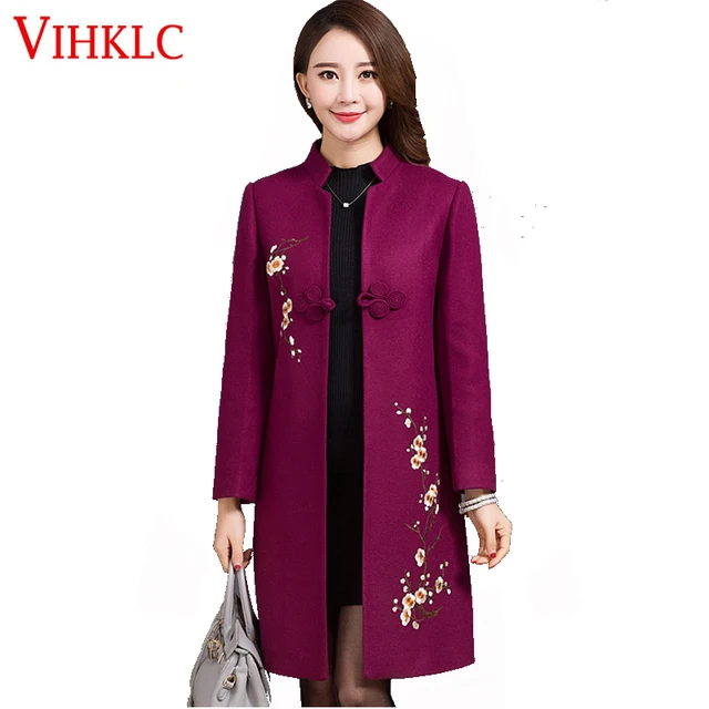 Plus Size 5XL 6XL Winter Woolen Coat Women Retro Chinese Style Stand Collar Embroidery Floral Long Jacket Cloak Overcoat H424