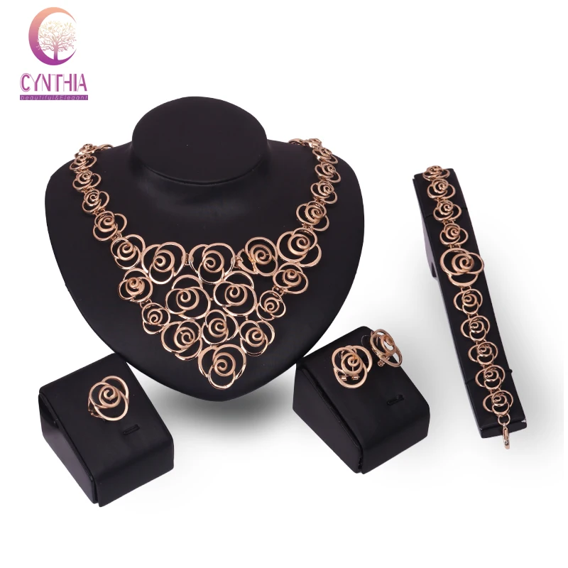 

African Beads Jewelry Set For Women Necklace Earring Bracelet Rings Set Wedding Party Gold color Rose Flower Bridal Accessories