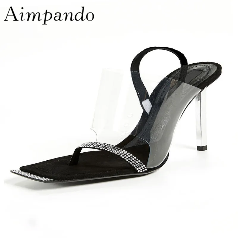 

Unique Crystal Belt Flip Flops Back Elastic Band Metal Thin Heels Square Toe Fashion Clear PVC Transparent Summer Sandals Women