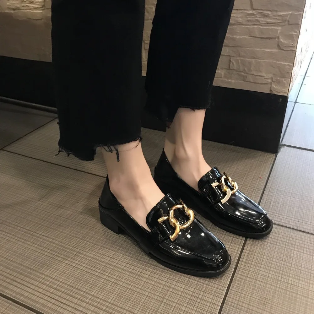Chaîne Verni Métallique Mode Femelle Plates Noir Taille Lady Chaussures Or Rond Cuir marron Printemps Conception 39 Bout 35 Casual Appartements En Femmes Zd8wEIEgqn