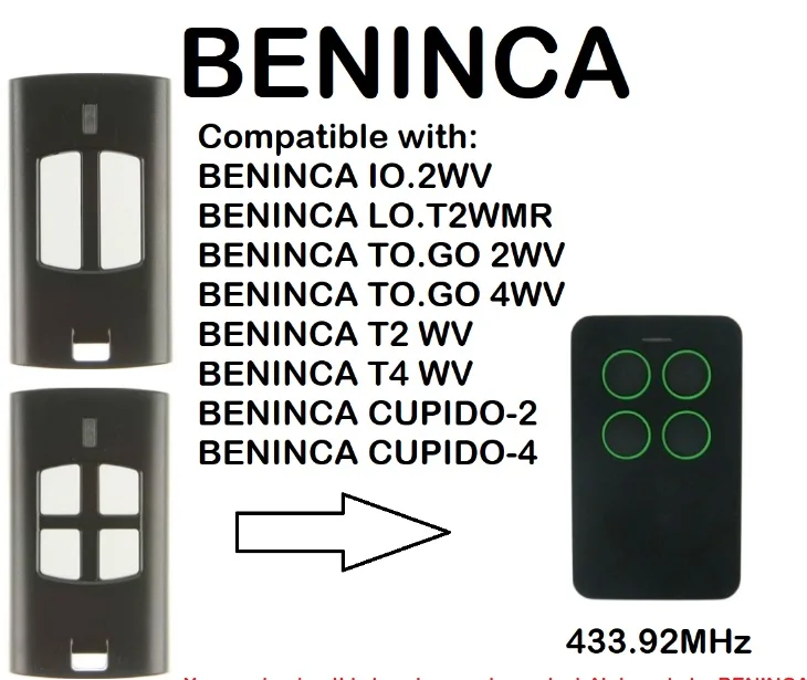 

BENINCA TO.GO 2WV, TO.GO 4WV Compatible Remote Control Rolling Code 433.92MHz.