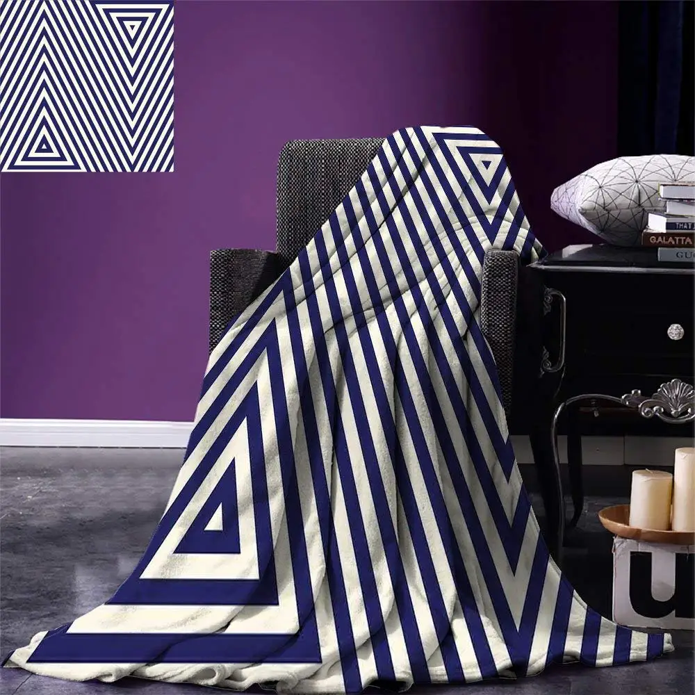 

Navy Blue Blanket Pattern with Geometric Triangle Shape Like Striped Designed Artwork Warm Microfiber Blankets for Beds