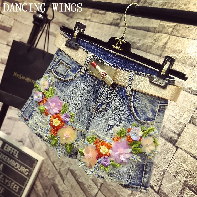Sequined embroidery floral cotton denim shorts for Women Novelty Hole Sexy Slim summer Hot