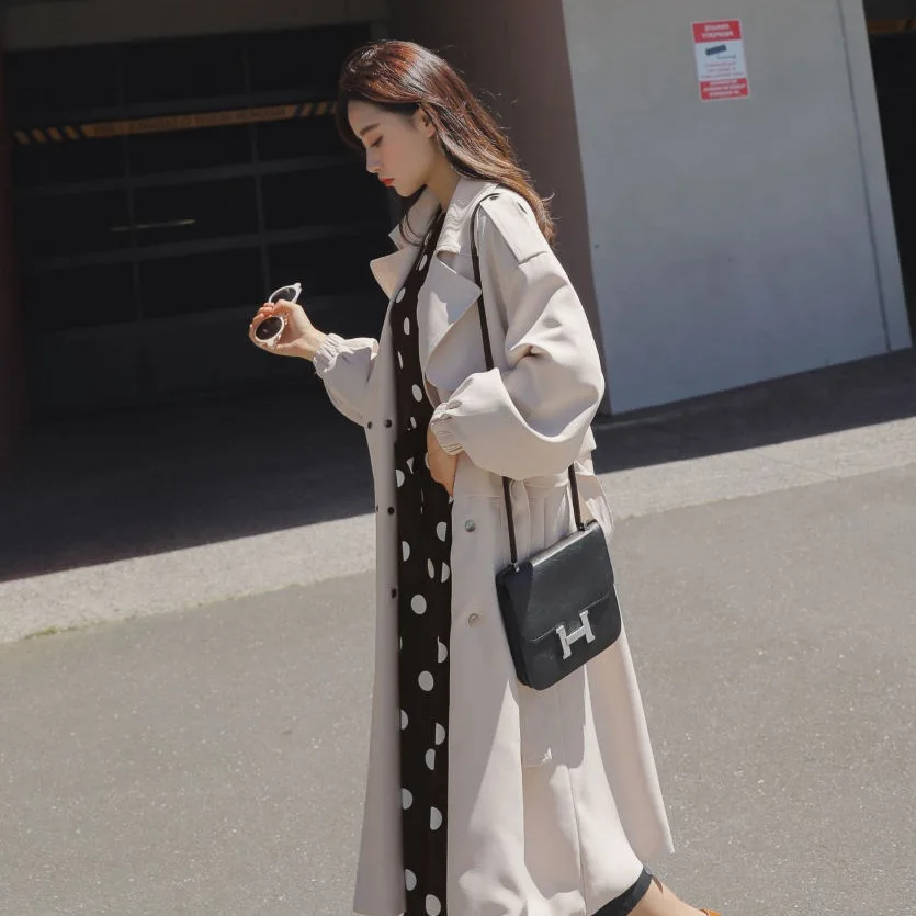 Pruning Feeling Ol Rice Apricot Double Buckling Belt Belt Suit Collared Windbreaker Jacket Women Spring 2019 Long Coat Woman