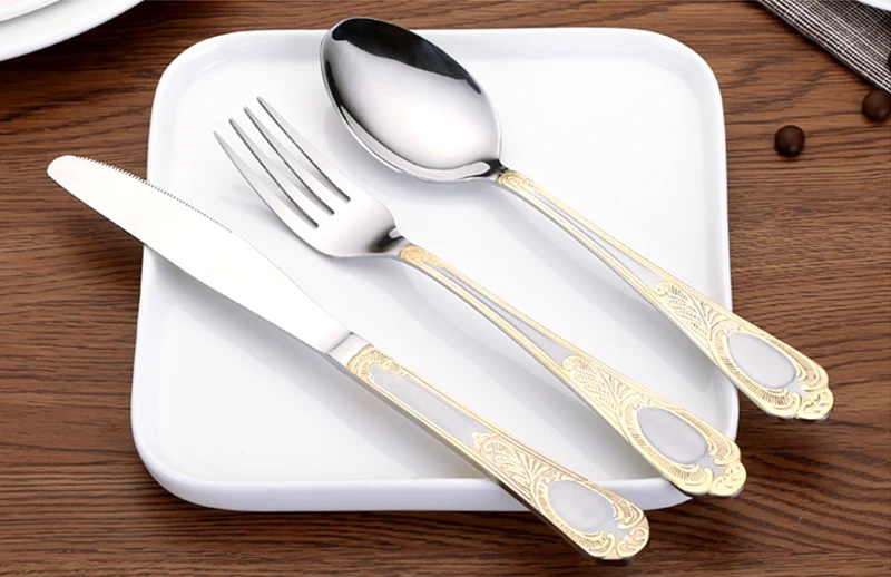 European Style High Grade Gold Flatware Stainless Steel Steak Knives Serving Spoon Kitchen Seti Home Dinner WZN037