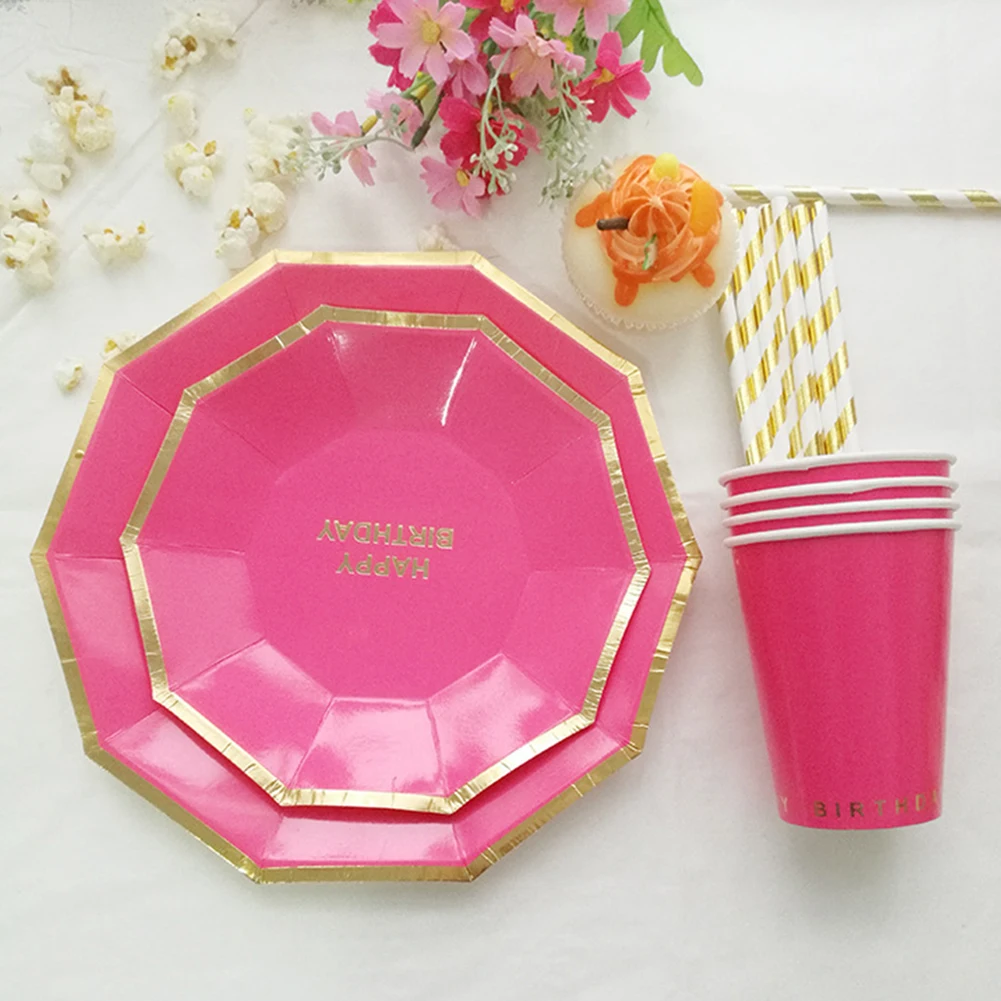 49Pcs/Set Solid Color Disposable Tableware Sets Party Paper Plates Cups Paper Drinking Straws Birthday Christmas Party Supplies