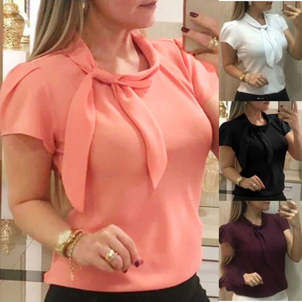 

Ladies Tops Bow Chiffon Short Sleeve Solid Loose Casual Blouses 2019 Womens Blouses*