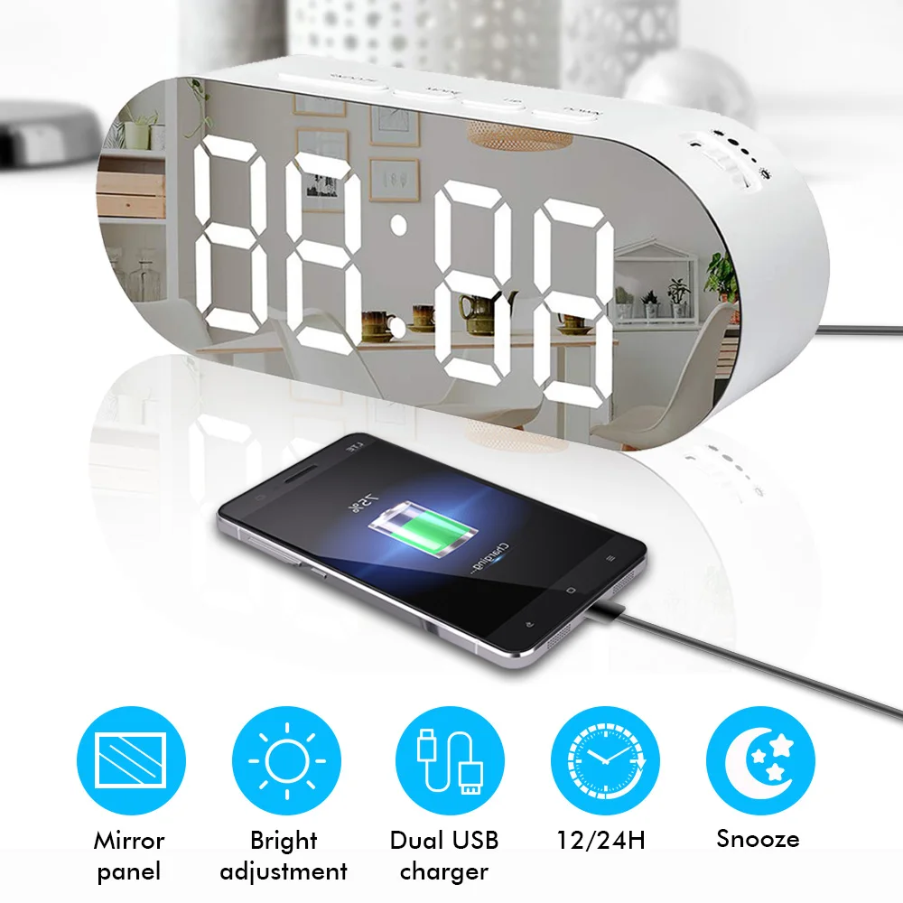 

LED Digital Mirror Alarm Clock + Dual USB Charger Ports Snooze Sleep Timer For Home Bedroom Decoration