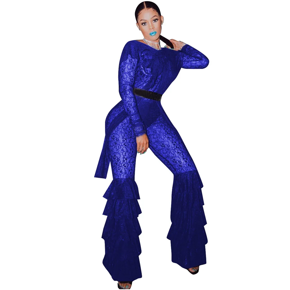 Women Lace Patchwork Elegant Overalls Long Sleeve Cascading Ruffles Lantern Bandage Jumpsuit Vintage See Through Rompers