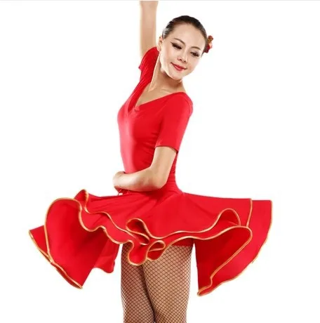 Платье для латинских танцев для взрослых, квадратное платье для танцев с коротким рукавом, платье для латинских танцев с v-образным вырезом, плюс размер, цельнокроеное платье для танцев#116 - Цвет: Красный