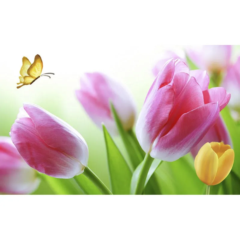 

Custom 3d Mural Wallpaper Leaves, Pink Tulips, Butterflies Art Mural for Living Room Large Painting Home Decor 3D Wallpaper