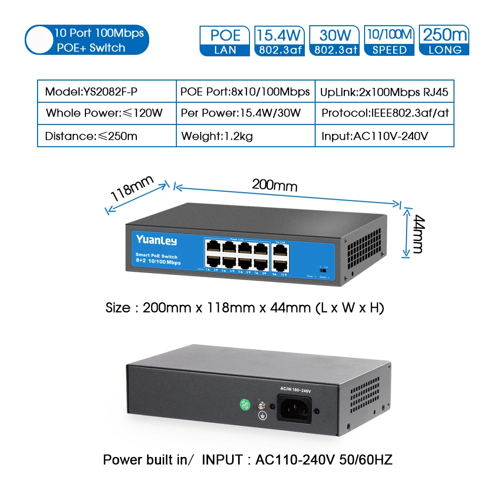 YuanLey 8 портов PoE коммутатор 2 порта Uplink 10/100 Мбит/с Poe Plus 802. 3af/at 120 W металлический
