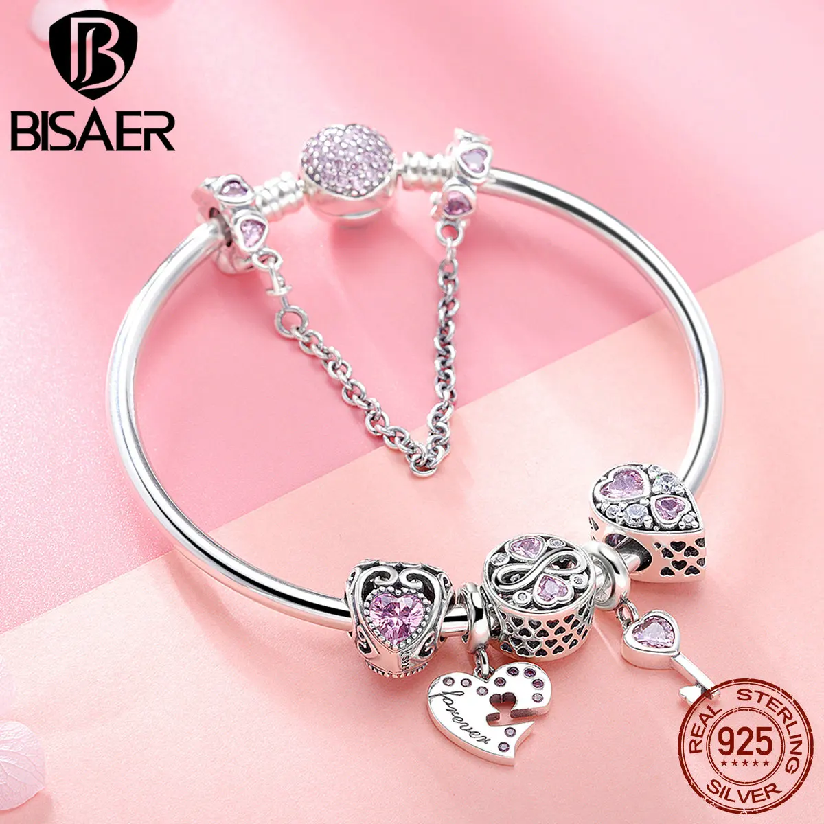 

BISAER 7Pcs 925 Sterling Silver Heart Key And Locket Heart Pendant Brand Charm Bracelet For Women Wedding Silver Bangle GXB811