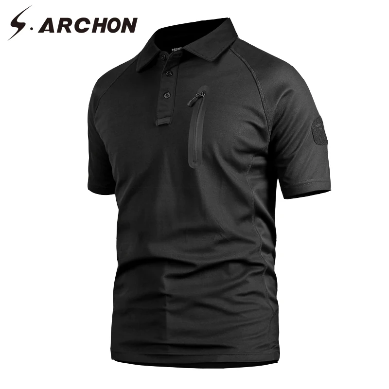 S. ARCHON Военная армейская рубашка поло с коротким рукавом мужская быстросохнущая камуфляжная тактическая рубашка поло Повседневная тонкая дышащая камуфляжная рубашка поло - Цвет: Black