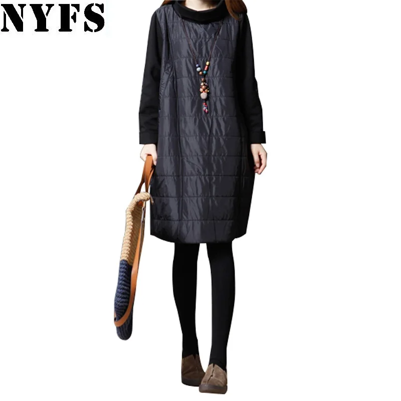 

NYFS 2019 New Style Autumn Women Dress Vintage Loose Long Sleeve Turtleneck Quilted dress Vestidos Robe Elbise