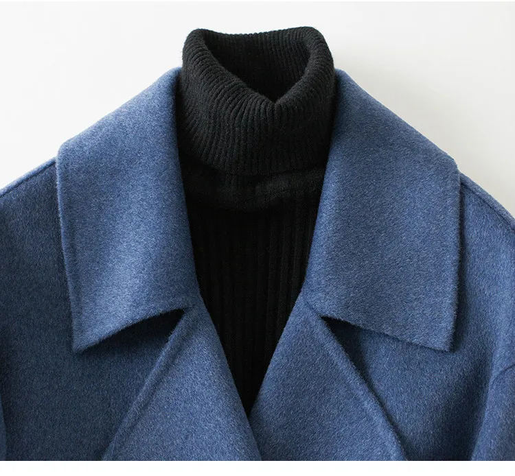 KMETRAM Autumn Winter Alpaca Coat Women Handmade Double-sided Cashmere Slim Long Jacket Ladies Vintage Blue Coats MY543