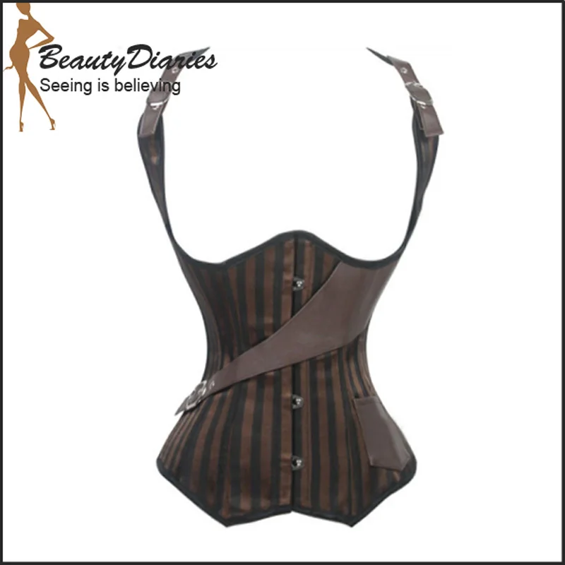 Sexy Corset Top Steel Boned Waist Training Corset With Straps Brown