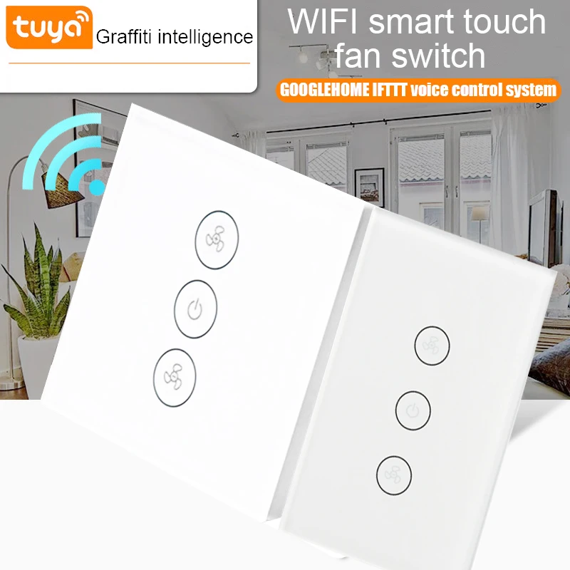 

WiFi Smart Ceiling Fan Wall Touch Switch Tuya APP Timer Speed Remote Control Glass Panel works with Alexa and Google Home EU US