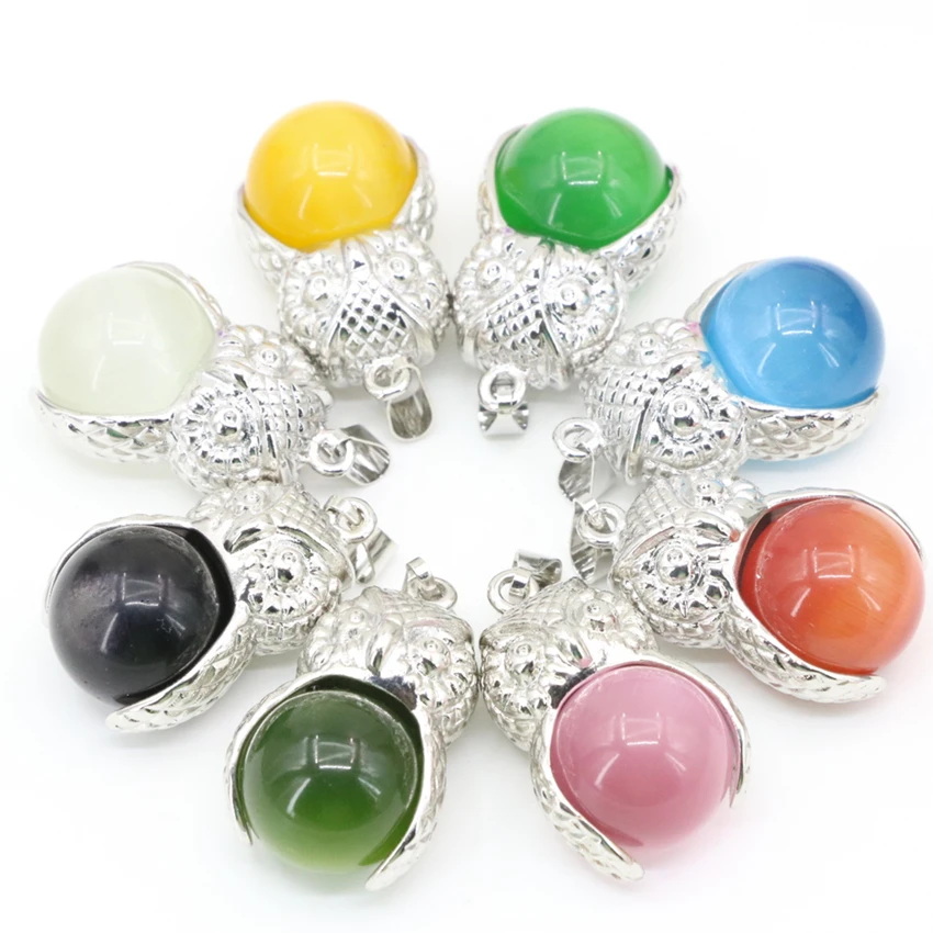 Animal Owl Shape Round Ball Cat Eyes Stone Pendant Jewelry Making Charms Crystal Beads 19x30mm