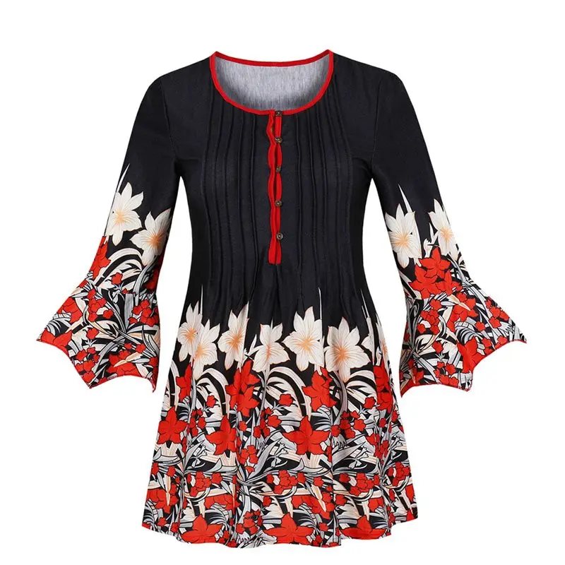 

Stylish Floral Print Women Blouse Spring Flare Sleeve Pleated Slim Large Sized Vintage Elegant Black Gothic Autumn Long Blouses