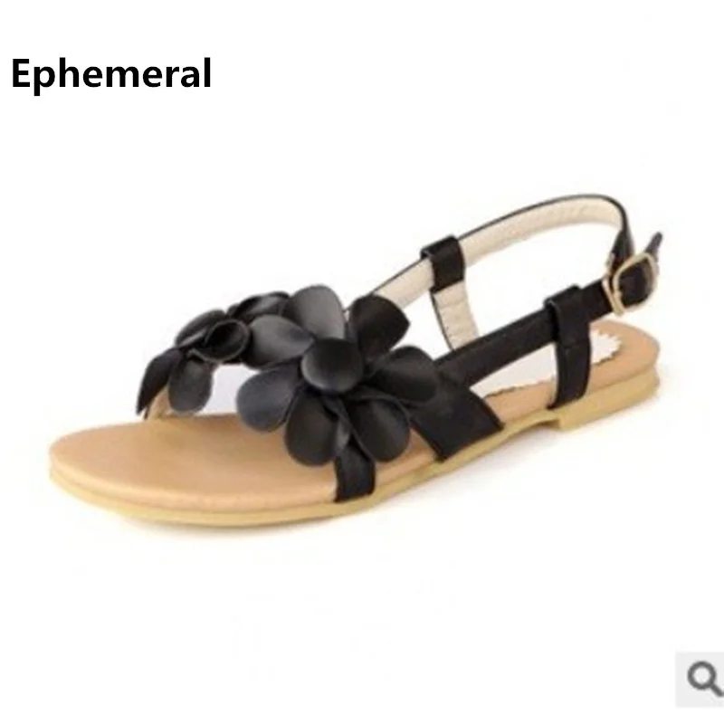 

2018 Hot selling sweet Women flower sandals buckle strap flat shoes black/white/pink/green for school girls max size 40 41 43