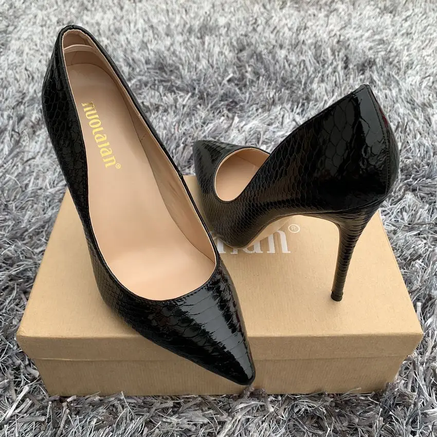 Women High Heel Shoes Black Snake Printed Shallow Shoes Woman Sexy Stilettos High Heels 12cm/10cm/8cm Pointed Toe Women Pumps