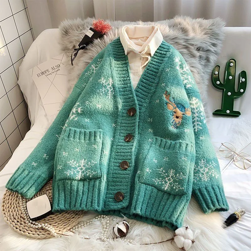 

2019 Winter Christmas Runway Women Cardigans Sweaters Luxury green snowflake Embroidery Vintage Ladies Knitted Jumper Clothes