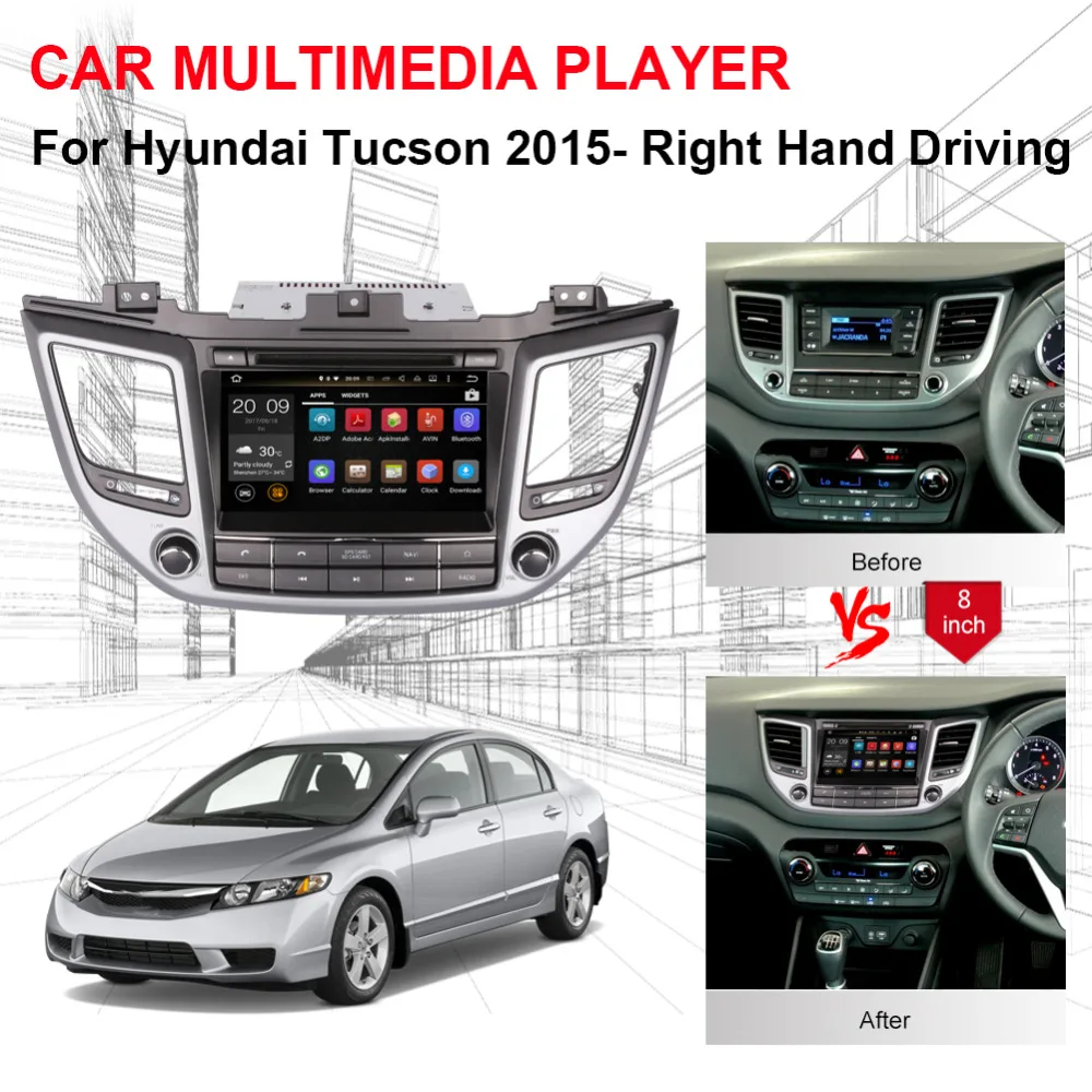 Discount 8 Inch Android 8.0 Octa Core 4GB+32GB Car CD DVD Player For Hyundai Tucson IX35 2015- Right Hand Driving GPS Navigation WIFI SD 1