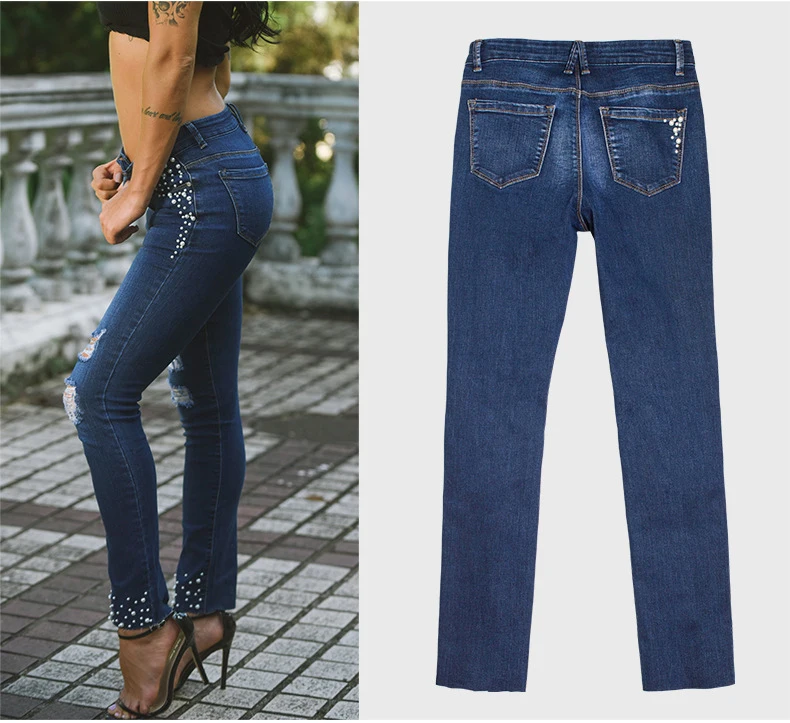 European station Europe and the United States new hole pearl cat toe cowboy high waist pants feet beaded straight jeans (10)
