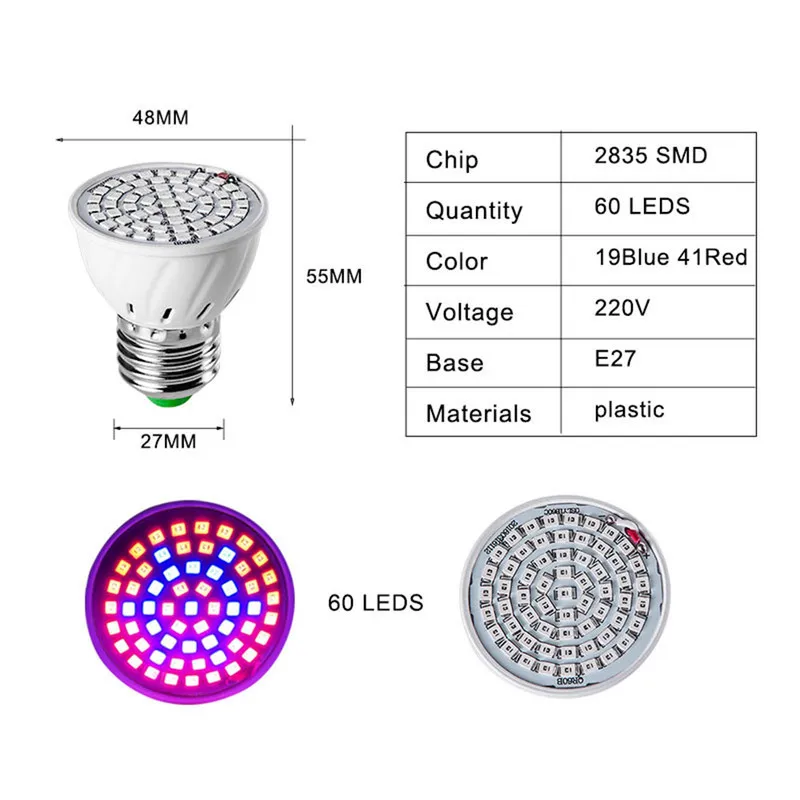 Фитолампа полного спектра для выращивания растений комнатная лампа E27/GU10/MR16 УФ