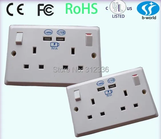 

Free Shipping UK type six Holes socket with switch 250V 13A 2 USB DC 5V 1000mA white panel wall Socket uk style