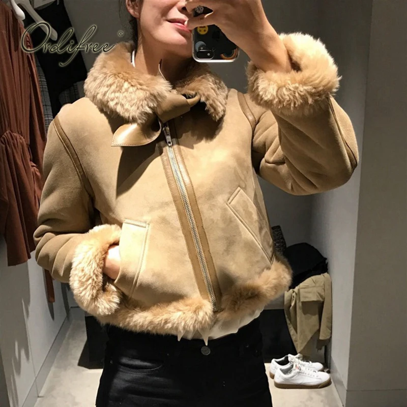 

Ordifree Women Motorcycle Leather Jacket Suede Coat Outwear Female Down Jacket 2019 Winter Thick Warm Faux Fur Parka Jacket