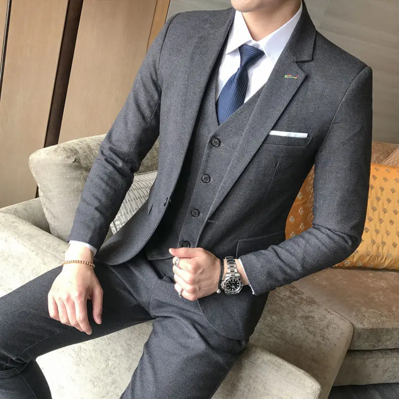 Jacket + Vest + Pants / 2018 New Mens Boutique Solid Color Fashion Formal Business Suits 3 Piece Sets / Groom Wedding Dress Suit
