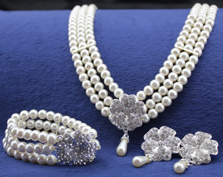 

Cream Pearl Wedding Jewelry Sets Women's Necklace Bracelet and Earrings Silver Plated
