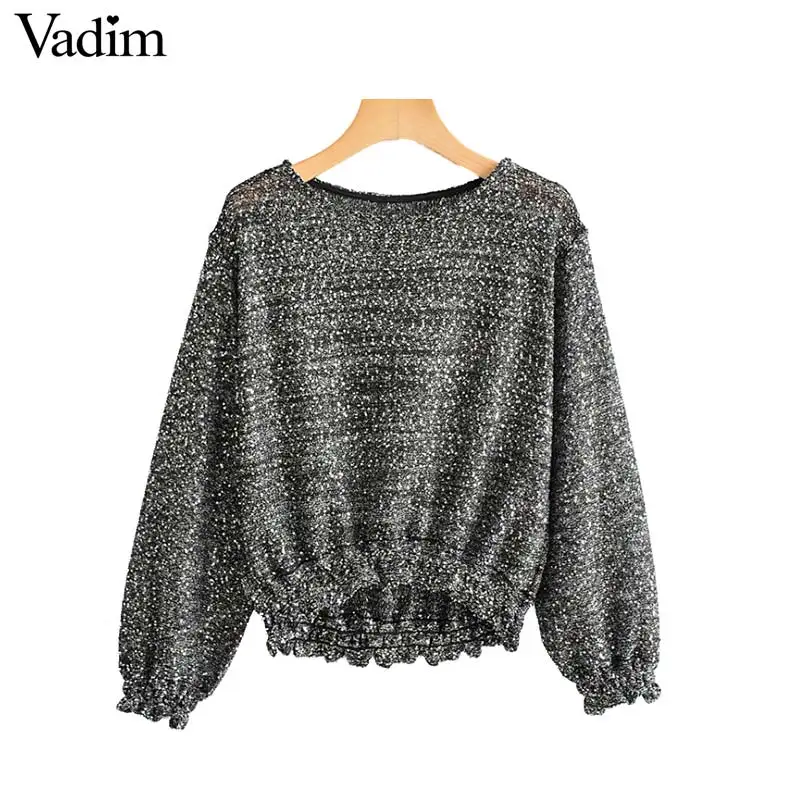 

Vadim women loose sequined knitted sweaters see through pleated lantern sleeve stretchy pullovers female casual solid tops HA380
