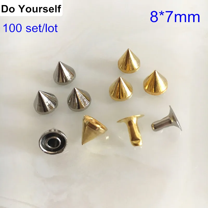 100 sets Sharp Cone Rivet Studs For Leather Crafts,8*7mm Silver / Gold