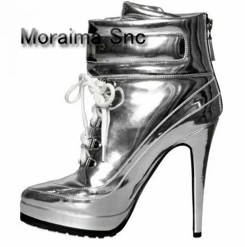 

Moraima Snc Women Shoes Luxury Gladiator Ankle Boots Cross-tied High Heels Platform Shoes women Lace-up Black/Silver short boots