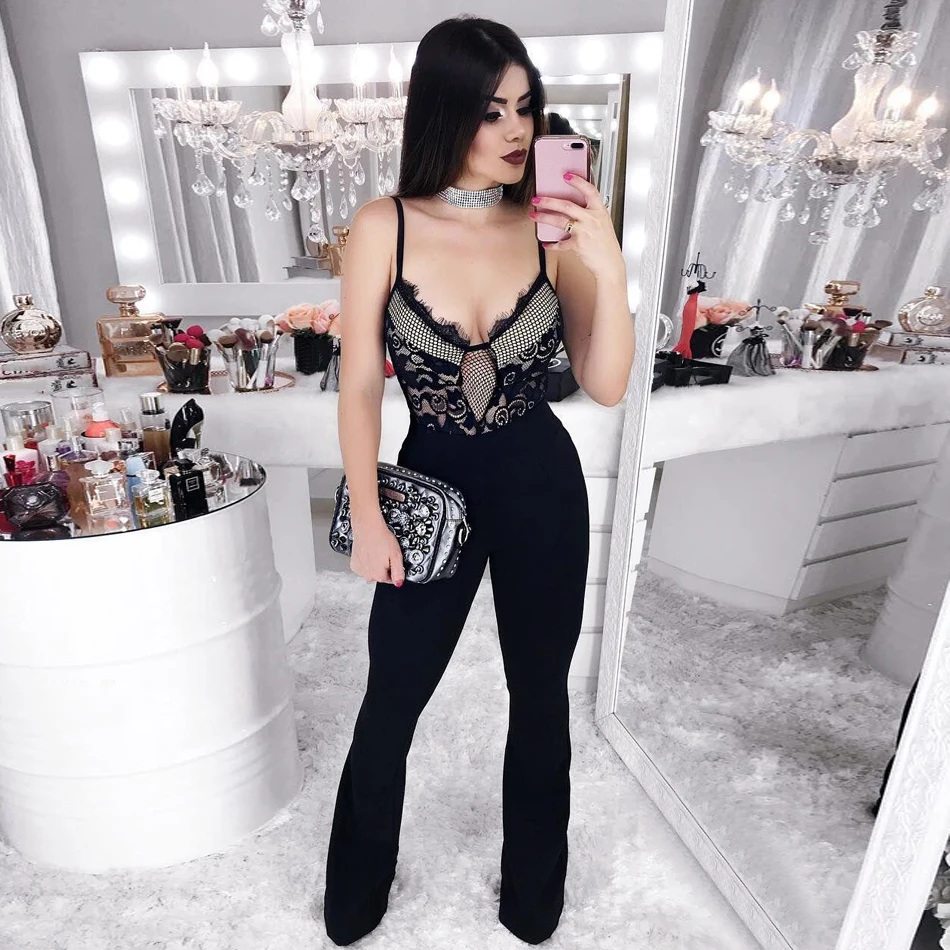 

ADYCE New Summer Runway Bandage Jumpsuits For Women 2019 Elegant Sexy V Neck Black Spaghetti Strap Lace Club Jumpsuits Rompers