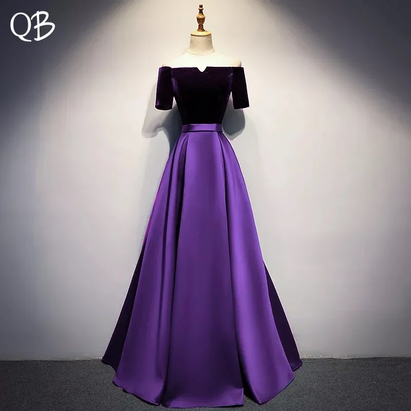 Vintage Purple Blue A-line Short Sleeve Satin Velour Evening Dresses 2020 New Fashion Gowns XH446 | Свадьбы и торжества