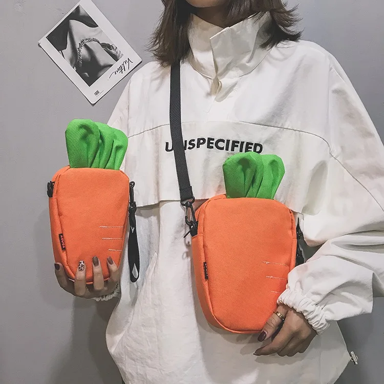 

Ladies 2019 cute carrot messenger bag Lovely canvas Shoulder Bag Radish Shape Crossbody Bag Mini cartoon bag for girl