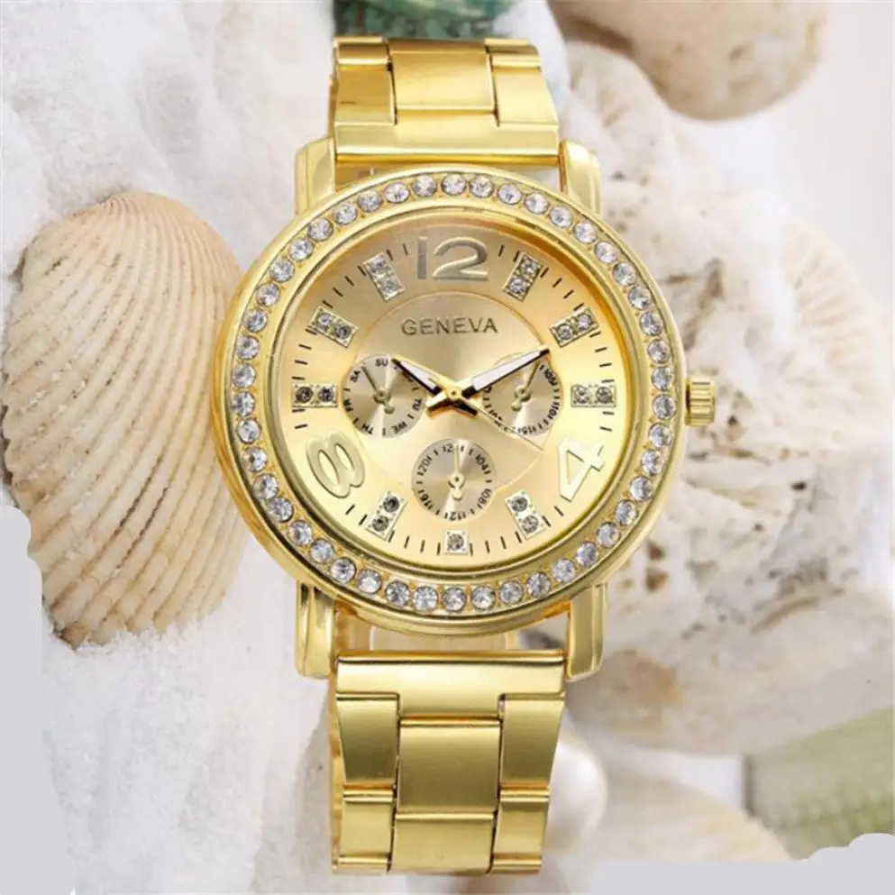 

2018 New Famous Brand Gold Crystal Geneva Casual Sport Quartz Watches Women Stainless Steel Dress Watch Relogio Feminino Clock