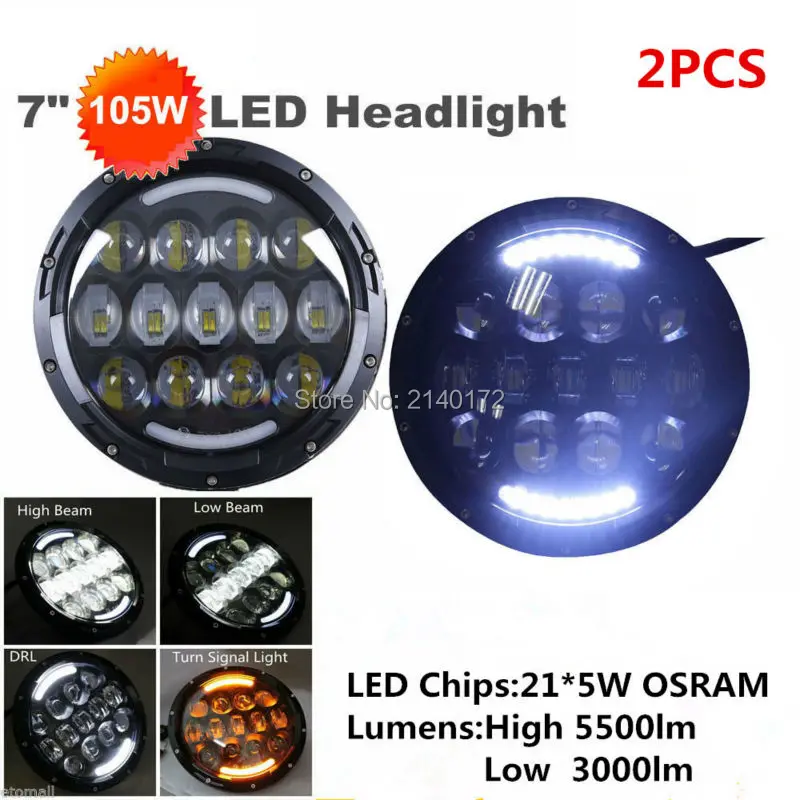 

Pair 7inch Round 105W LED Projector Headlight 7'' Motorcycle Headlight H4 DRL Hi / Lo for Jeep Wrangler JK OffRoad