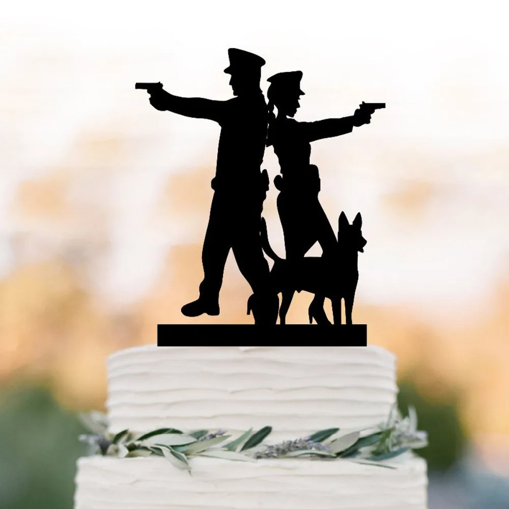 Полицейский мужчина и Полиция Женщины Свадебный торт Топпер с собакой, полиция Невеста и жених Свадебный торт Топпер, предложение свадебных декоров
