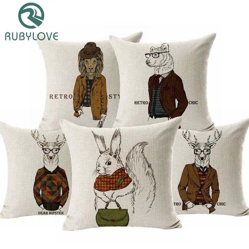 RUBYLOVE Humanoid Animal Deer Lion Squirrel Linen Pillow Covers Sofa Pillow Case Car Seat Cushion Cover Decorative Pillows