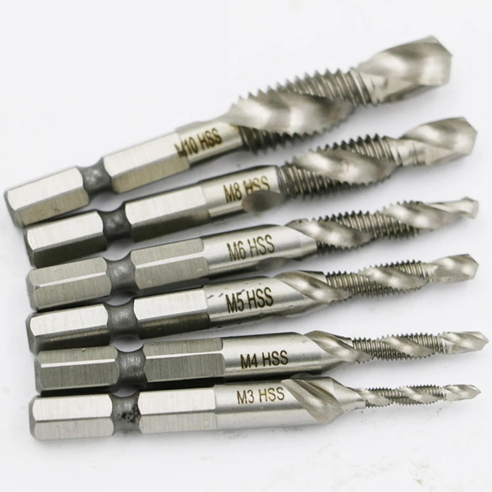 

1/4'' Hex HSS High Speed Steel Thread Spiral Screw  M3 M4 M5 M6 M8 M10 Metric Composite Tap Drill Bit Tap 6pcs/set