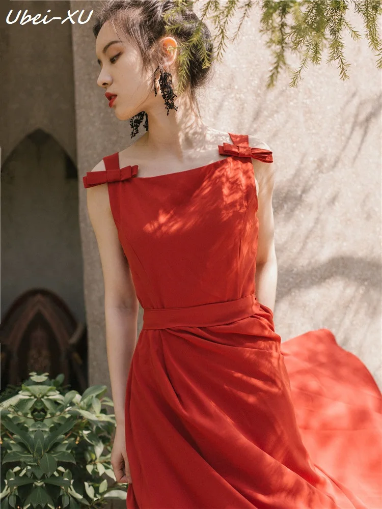 

Ubei 2019 New retro backless simple style chiffon dress sleeveless halter bow long summer red/black party dress fashion